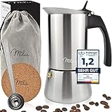 Milu Espressokocher Induktion geeignet | 2, 4, 6, 9 Tassen | Edelstahl Mokkakanne, Espressokanne, Espresso Maker Set inkl. Untersetzer, Löffel, Bürste (4 Tassen 200ml)