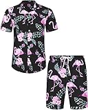 J.VER Herren Hawaiihemd Kurzarm Party Hemd Casual Flamingo Floral Strandhemd Bügelfrei Button Down Kurzarm Hawaii-Shirt und Shorts Faltenfrei Urlaub Hemd Set,Flamingos-schwarz,M