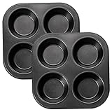 Joygoodta 2 Stück Luftfritteusen-Muffinform, 4 Mulden, antihaftbeschichtet, kleine Muffinform, leicht zu reinigende Mini-Cupcake-Formen aus Karbonstahl für Arbeitsplatte, Luftfritteuse, Toaster, Ofen