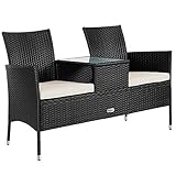 Casaria Gartenbank Polyrattan Wetterfest inkl. Tisch Auflagen 143x55x88cm 320kg Belastbar Garten Balkon Bank Möbel Kinobank Sitzbank 2-Sitzer Schwarz