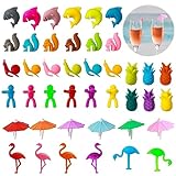 42Pcs Glasmarker, Silikon Glas Markierung, Wein Marker Trinkgläser, Glasmarkierer Glasmarker Wiederverwendbar Glasmarkierung Bunt Glas Marker für Party Hochzeit Bar Tassen, Trinkglas, Party Supplies