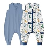 Looxii 2er Pack Baby Sommerschlafsack mit füßen 0.5 Tog Schlafsack Baby 100% Baumwolle Baby Schlafsack für Kinder 6-18 Monate Jungen Mädchen 70 cm Blau Dinosaurier