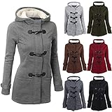 Dufflecoat Damen Warm Winterjacke Wollmantel mit Kapuze Fleece Mantel Casual Übergangsjacke Knöpfe Wintermantel Einfarbig Trenchcoat Slim Fit Jacke Duffle Coat Baumwolle Kapuzenjacke Große Größen