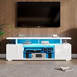 BTM Moderner Low-Panel-Hochglanz-TV-Ständer mit LED-Beleuchtung, TV-Panel, TV-Glasschrank für 60-Zoll-Fernseher, Tische, universelle Gaming-Medienständer, Stauschränke und große Stauräume, Reinweiß