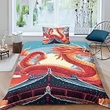 Chinese Dragon Bettwäschegarnitur Mädchen Junge Kinder 3D Gedruckter Red Dragon Oriental Art Bettbezug Set Reissverschluss Weich Microfaser Bettwäsche Und Kissenbezüge 3 Teilig Single（135x200cm）