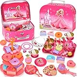 EUZLABBY 52 Teiliges Teeparty Set,Teeservice Kinder,Tin Teekannen-Set,Prinzessinnen Tee Zeit Spielküchen Spielzeug mit Tassen,Tellern und Zubehör,für Geburtstags Ostergeschenke für 3-8 Jahre Kinder.