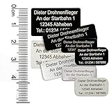 MJ Drohnen-Kennzeichen Sets, 3er-Set, 5er-Set oder 10er Set, mit Kontaktdaten und/oder seit 2021 geforderte e-ID, Alu eloxierte Plakette - selbstklebend (3er Set, Aluminium Schwarz 30x10mm mit eID)