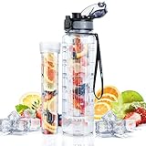 UTEBIT 1L Sportwasserflasche mit Tee- oder Fruchtspender, 1 Liter wiederverwendbare Wasserflasche aus BPA-freiem Tritan mit motivierender Zeitmarkierung, geeignet für Fitnessstudio, Camping, Büro