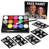 Kinderschminke Set – 15 Farben Face & Body Paint, 30 Schablonen & 2 Profi-Pinsel, Schminkpalette für Kinder & Erwachsene, hautfreundlich & leicht abwaschbar für Karneval, Fasching, Halloween