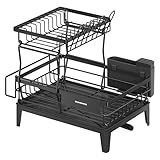 SONGMICS Abtropfgestell Geschirr, 2 stufiger Geschirr-Abtropfständer, 360° drehbarer und ausziehbarer Ablauf, Abtropfschale, Besteckhalter, Küche, 31 x 42 x 36,5 cm, tintenschwarz KCS551BH01