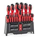 EASYmaxx Schraubendreher- & Bit-Set | Magnetisierer | jeweils 8 große und 8 kleine Schraubendreher mit magnetisierbarer Spitze | 1 magnetischer Bithalter | 32 Bit-Aufsätze | Ergonomisch [Rot-Schwarz]