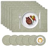 Tischsets Abwaschbar mit Untersetzer 6er Set Platzset aus PU-Leder Platzdeckchen Tischuntersetzer rutschfest Platzdeckchen Tischset für Teller Tischunterlage Esstisch Tischdeko (Grün, Gewebe)