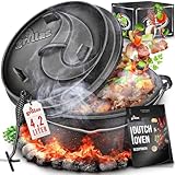 grillas Dutch Oven Set inkl. Rezeptideen | bereits eingebrannt - preseasoned | Feuertopf Gusseisen I Bräter mit Deckelheber und Henkel (Topf ohne Füße, 4,2 Liter / 4,5 QT)