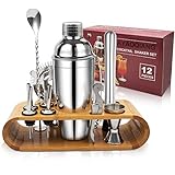 Cocktail Set, Edelstahl Cocktail Shaker Bar Set, 12 Stück Cocktailmixer Set mit Holzständer, Messbecher und Bar Löffel, 750ml Shaker Cocktail Geschenk Set für Zuhause oder die Bar. (12pcs)