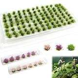 104 Modellbau Zubehör,Grasmatte Modellbau,Miniatur Deko Modellbau Rasen,mit 12 Rosa und Lila Blütenständen,Realistische Farben und Formen,für DIY Eisenbahn Zug Landschaft Sand Tisch Modell