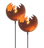 Spetebo Metall Gartenstecker Naturrost Feuerball - 2er Set/groß - Rost Windlicht mit Erdspieß ca. 98 x Ø 15 cm - Garten Deko Kerzen Halter Feuerkugel