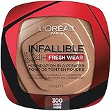 L'Oreal Paris Inallible Viral TikTok Favorite, up to 24H Fresh Wear Foundation in a Powder. Covers like a liquid, mattifies. Waterproof, heatproof, sweatproof, no transfer, amber-300, 0.31 oz