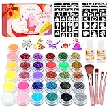 Glitzer Tattoo Set Mädchen, Tattoo Kinder, Eleanore's Diary 31 Biologisch abbaubarer Glitzer, Temporäre Tattoo Kit, Glitzertattoos Kinder Set, 165 Schablonen, 4 Pinsel, 2 Kleber, Geschenk Mädchen ab 3