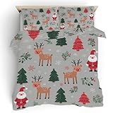 Weihnachtsmann Rentier Bettwäsche 3teilig, Xmas Winter Microfaser Bettwäsche Set Bettbezug Reißverschluss Bettwaesche 260x220, Bügelfrei und Weich Wende Deckenbezug, 2 Kissenbezügen 80x80 A12o