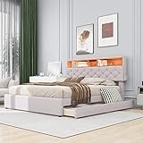 WIZBED Doppelbett 140x200cm Polsterbett Bett mit Stauraum-Kopfteil & Aufladen USB, Funktionsbett mit 2 Schubladen, Verstellbares Kopfteil,Beige,ohne Matratze