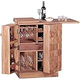 FineBuy Hausbar Massivholz Lucca Akazie Weinbar ausklappbar Vitrine Landhausstil Barschrank Aufbewahrung Flaschen und Gläser Weinschrank Natur-Produkt Getränkeschrank freistehend Echt-Holz Minibar