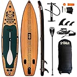 CALA Kanaloa 2023 Stand Up Paddling Board Set, i-SUP aufblasbar, Robustes Surfboard mit 20% Seegras-Anteil inkl. Voll-Carbon Paddel, Reparatur Kit, Pumpe, Rucksack-Trolley, 3 Finnen, Ventil und Kappe