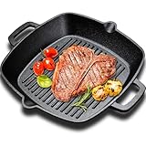 Teenyyou Gusseisen-Grillpfanne, vorbehandelt, 26,7 cm, quadratische Steakpfanne, robuste Gusseisen-Grillplatte mit zwei Griffen und Holztablett zum Grillen von Speck, Steak und Fleisch, geeignet für