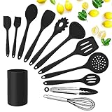 Küchenhelfer Set, Herogo 12 teiliges Silikon Kochgeschirr Küchenutensilien Set mit Utensilienhalter, Antihaft & Hitzebeständiger Küchenset, Schneebesen Pfannenwender Löffel, Spülmaschinenfest, Schwarz