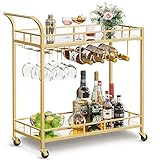 VASAGLE Servierwagen, Rollwagen, Gläserhalter, 2 verspiegelte Glasablagen, Barwagen, Weinwagen, für Küche, Esszimmer, Bar, goldfarben LRC090A03