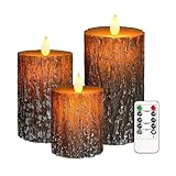 Justup LED-Kerzen, Set von 3 Flackernde Kerzen mit Fernbedienung und Timer, Dimmbare LED Säulen Kerzen Batteriebetrieben, Elektrische Kerzen für Herbst Halloween Thanksgiving Dekor (Rinde)