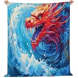 Weich Gemütlich Plüsch Decke 220 x 240 cm, Cartoon Meereswellen Drache Muster Flanell Kuscheldecke für Damen Kinder Mädchen - Blau Sofadecke Dekoration