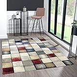 the carpet Monde Deluxe Wohnzimmer Teppich Hand Carved, Kurzflor, Bunt, Blau, Weiß, Rot, Grau, Gold, Quadrat Muster, 200 x 290 cm
