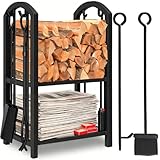 Amagabeli Kaminholzregal Innen Brennholzregal mit 4 Kaminwerkzeug Kaminholzständer Kaminbesteck für Außen Kaminholzhalter Holzregal für Kamin Kaminofen Besteck Schmiedeeisen Schwarz