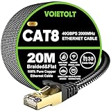 VOIETOLT Cat 8 Lan Kabel 20M, 40Gbps/2000Mhz Flaches Geflecht Netzwerkkabel Ethernet Kabel, S/FTP RJ45 Gigabit Patchkabel für PS4/5, für Modem, für Router