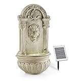 blumfeldt Löwenstein Gartenbrunnen mit LED-Beleuchtung - Löwenkopf Edition, Wandbrunnen antik, Zierbrunnen, Outdoor, Solarpanel, Akku: 2000 mAh, Dämmerungssensor, Naturstein-Optik, grau