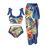 YUE Damen Bikini Set Wickeloptik Lace Up Bikini Bademode mit Strand Cover Up Wickelrock Sarong Retro Blumendruck Bikini Set Dreiteiliger Badeanzug Strandmode Damen Sommer