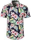 JOGAL Herren Blumen Kurzarm Baumwolle Hawaii Hemd Large NavyHibiskus