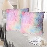 2er Set Künstlich Pelz Kuschelkissen, Kunstfell Kissen, Plüschkissen Kissenhülle mit Flauschig, für Sofa, Stuhl, Wohnzimmer (Regenbogen, 45 x 45cm)