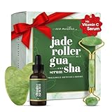 Jade Roller mit Vitamin C Serum & Gua Sha - Massage gegen Augenringe & Falten - Anti Aging Pflege Set mit Premium Gesichtsroller - 100% Jade Stein Beauty Rolle für Gesicht - Massagegerät - Skincare