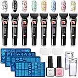 TopDirect 8ml Stamping Gel Nagellack Set 8 Farben mit 4pcs Nail Art Plates Nagelstempel Templates + 2 x 8ml Liquid Latex Peel Off Tape + 2pcs Stampers mit 2 Schabern Maniküre Nagel Werkzeug