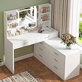 TEENFON Schminktisch mit LED-Licht Spiegel & Steckdose, 8 Schubladen, 6 Ablageflächen, 3 Farben mit Einstellbarer Helligkeit Kosmetiktisch, Ecke Vanity, L-Form ändern, Weiß