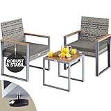 Casaria® Gartenmöbel Polyrattan Set Holz Akazie Wetterfest 2 Stühle Tisch Auflagen 160kg Belastbarkeit Verstellbar Terrasse Balkon Möbel Lounge Grau