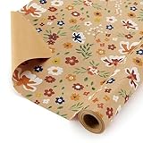WERNNSAI Geschenkpapierrolle mit Blumenmotiven aus Kraftpapier – 1 Rolle 43 cm x 10 m Blumenstrauß-Geschenkpapier, braunes Geschenkpapier für Kinder und Erwachsene Wildblumen dekoratives Kunstpapier