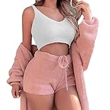 XUEJIANN Winter Pyjama Damen Warm Fleece - Schlafanzug 3Er Set Damen Hausanzug Baumwolle Elegant Shorty Pyjama Baumwolle Plüschhose Winter Schlafanzüge Kuschelig Warm Thermo Schlafanzug Freizeitanzug