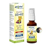 APOrtha® Vitamin D3 + K2 für Kinder -Erdbeergeschmack - 25 ml vegetarisches Mundspray, ca. 180 Portionen, 400 IE Vitamin D3 pro Sprühstoß, 10 µg K2VITAL® Vitamin K2 MK-7 pro Sprühstoß, zuckerfrei