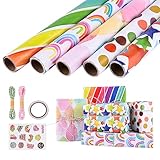 Gtuzkheu Geschenkpapier Set 5 Rollen, 300 x 43 cm Geschenkpapier Geburtstag und 2 Rolle Band, 1 Aufkleber, Geschenkpapier Kinder, Geschenkverpackung Papier für Weihnachten, Valentinstag, Muttertag