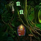 Feen Tür und Fenster Miniatur Sommer Haus mit Lampe Zimmer Wand und Bäume Draußen Leuchtet im Dunkeln Feen Schlafender Hof Kunst Garten Skulptur Geschenk Garten Ornament (Stein Stil)