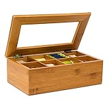 Relaxdays Teebox aus Bambus H x B x T: ca. 9 x 28 x 16 cm Teekasten mit 8 Fächern Teebeutelbox aus Holz mit Deckel samt Sichtluke Teekiste zum Bewahren des Aromas für intensiven Teegenuss, natur