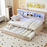 TOBIDOEN Schlafsofa Tagesbett 90x200 cm Modernes Bett, Daybett mit Bettfunktion & Ambientemodus, Inkl. Ausziehbares Bett & Bettseitiges Staufach, Spanplatte & Lattenrost, Ohne Matratze, Natur