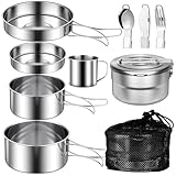 Camping Kochgeschirr Edelstahl Topfset, 10-teiliges Camping Kochgeschirr Set mit Camping Kochtopf Outdoor und Pfanne Set, 1.5L Camping Topf, Besteck & Tasse für Camping, Wandern und Picknick